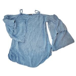 Earthbound Women's Shirt S Blue Off Shoulder Tiered Flare Sleeve
